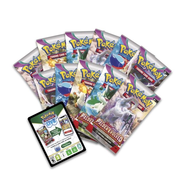 Picture of expansion packs and code card in Pokemon Scarlet & Violet Paldea Evolved Pokemon Center Elite Trainer Box