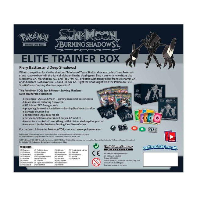 Picture of back of Pokemon Sun & Moon Burning Shadows Elite Trainer Box