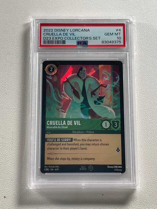 2022 Disney Lorcana #4 D23 Expo: Cruella De Vil - Miserable As Usual 4/P1 EN1 - 1st Edition - PSA 10