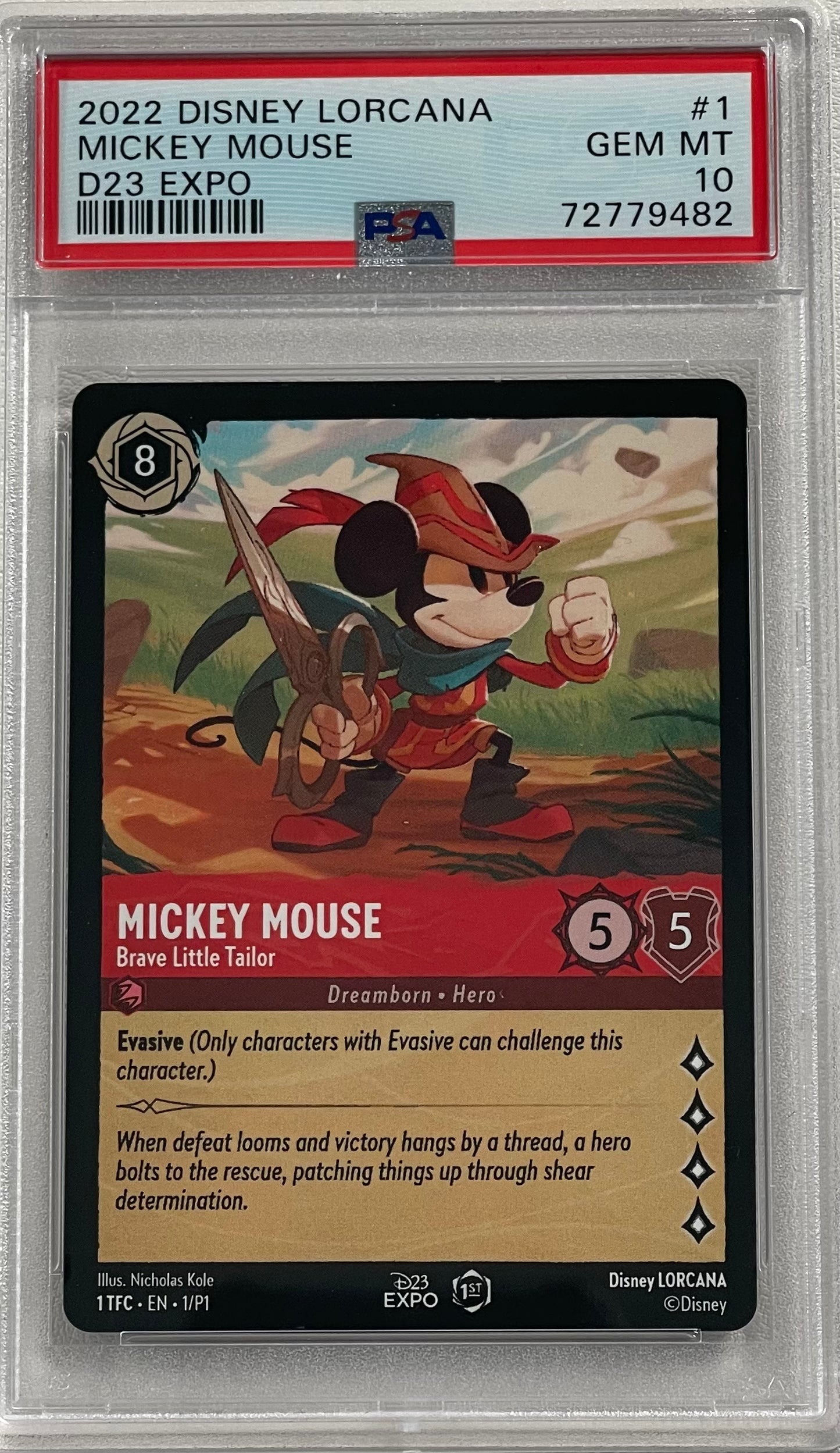 2022 Disney Lorcana #1 D23 Expo: Mickey Mouse - Brave Little Tailor 1/P1 EN1 - 1st Edition - PSA 10