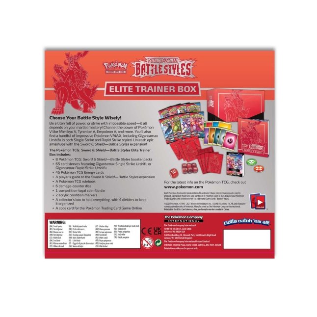 Picture of back of Pokemon Sword & Shield Battle Styles Elite Trainer Box [Red Single Strike Urshifu]