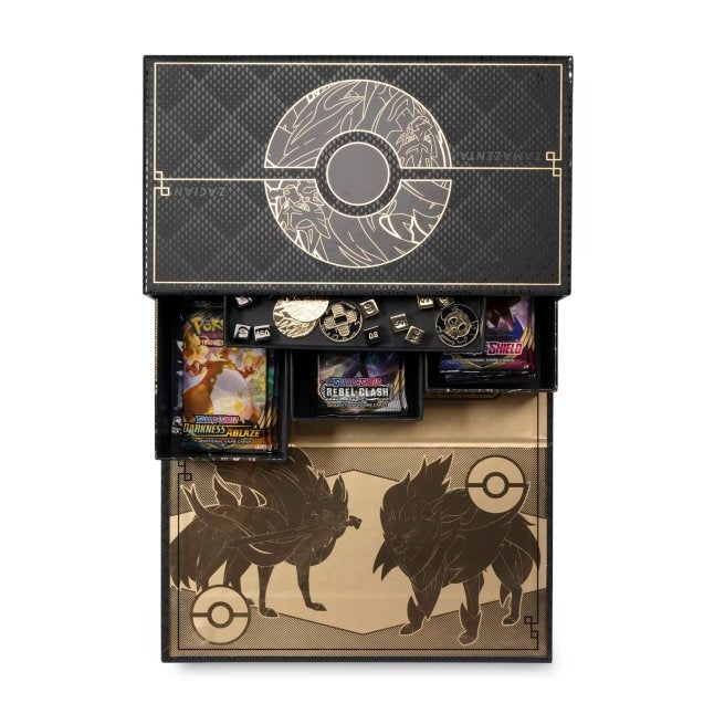 Picture of open box of Pokemon Sword & Shield Ultra Premium Collection [Zacian & Zamazenta]