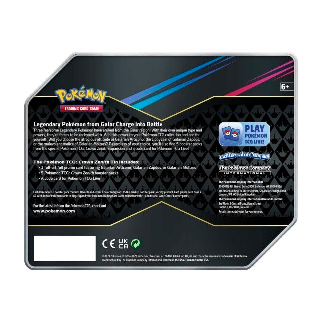 Picture of back of Pokemon TCG: Crown Zenith Tin [Articuno]