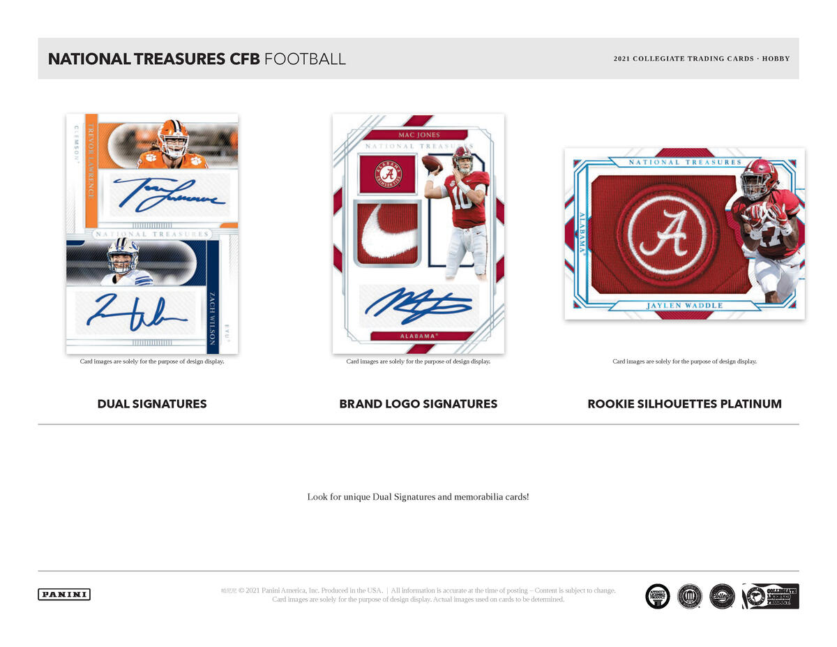 Picture of highlight cards in 2021 Panini National Treasures Collegiate Football Hobby 4-Box Case