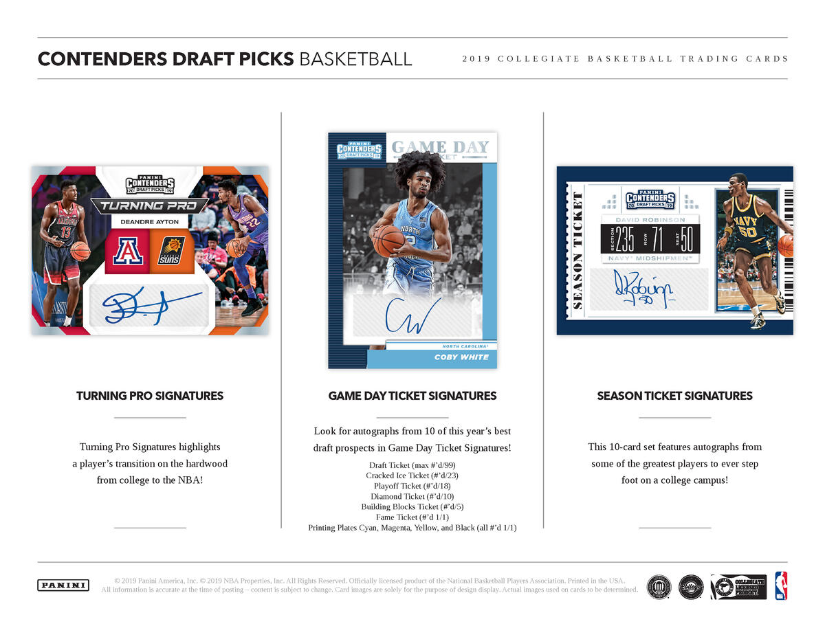 Picture of highlight cards in 2019/20 Panini Contenders Draft Picks 1st Off The Line (FOTL) Basketball Hobby Box