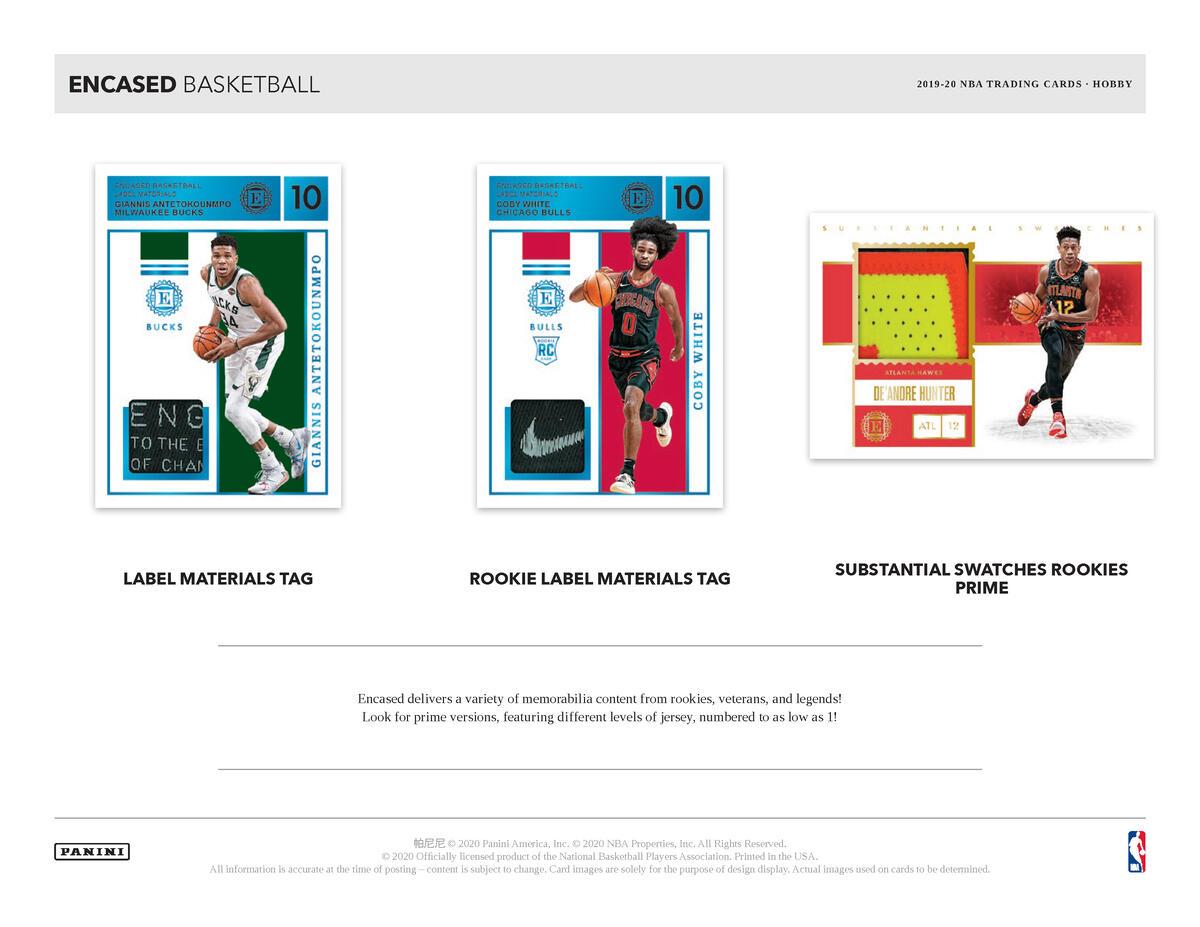 Picture of highlight cards in 2019/20 Panini Encased 1st Off The Line (FOTL) Basketball Hobby Box