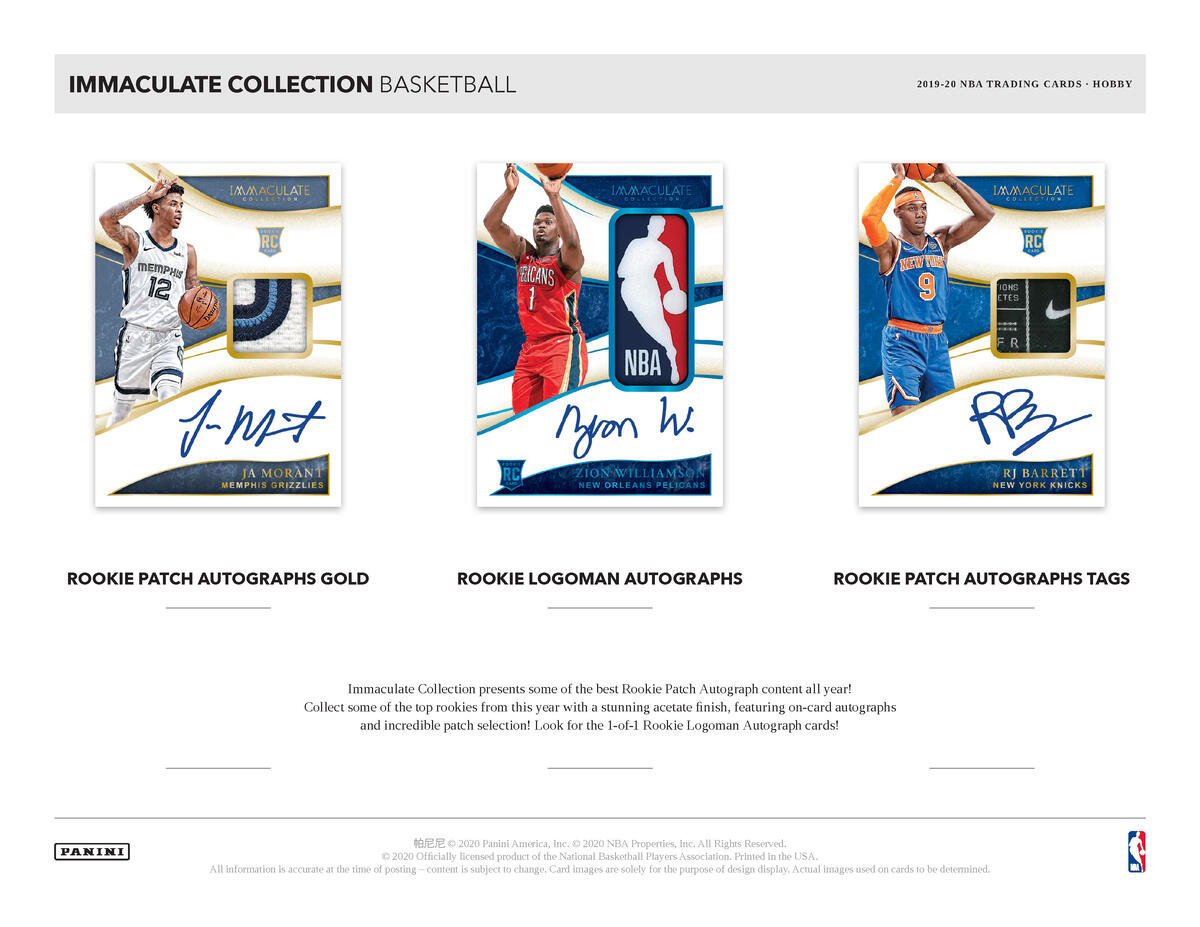 Picture of rookie cards in 2019/20 Panini Immaculate 1st Off The Line (FOTL) Basketball Hobby Box