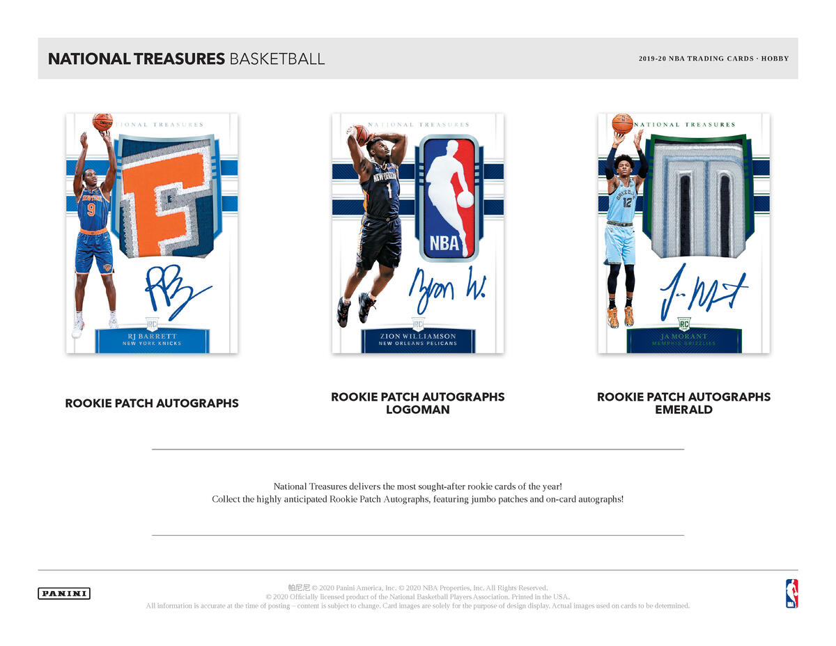 Picture of rookie cards in 2019/20 Panini National Treasures Basketball Hobby Box