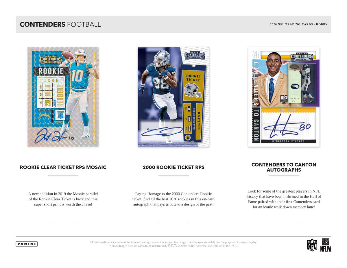 Picture of  legend cards in 2020 Panini Contenders 1st Off The Line (FOTL) Football Hobby Box