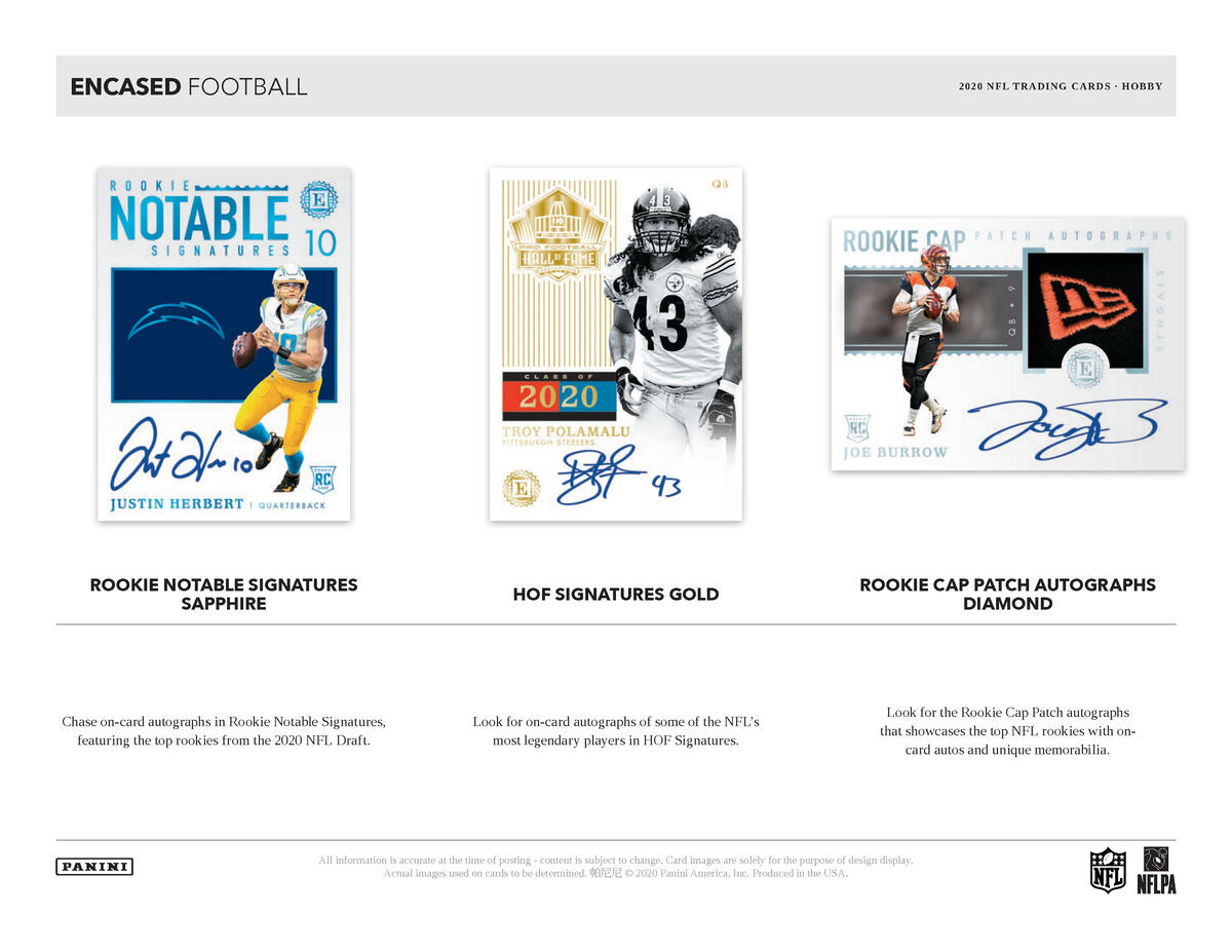 Picture of  legend cards in 2020 Panini Encased 1st Off The Line (FOTL) Football Hobby Box