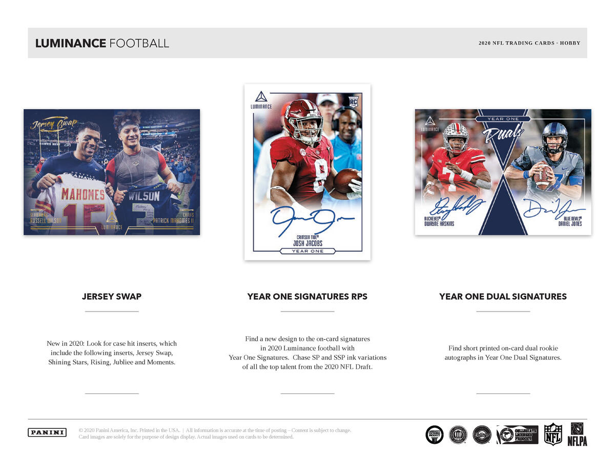 Picture of highlight cards in 2020 Panini Luminance Football Hobby Box