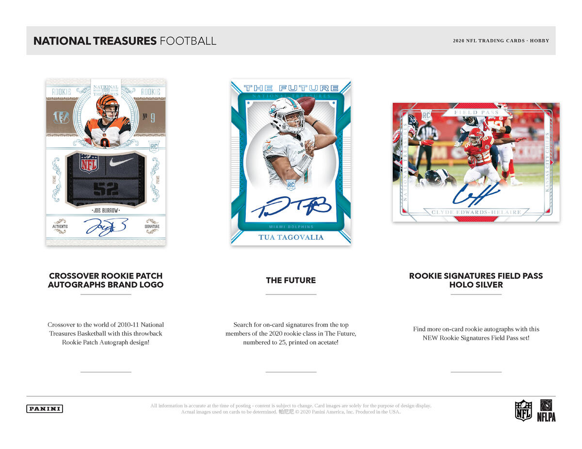 Picture of  legend cards in 2020 Panini National Treasures 1st Off The Line (FOTL) Football Hobby Box