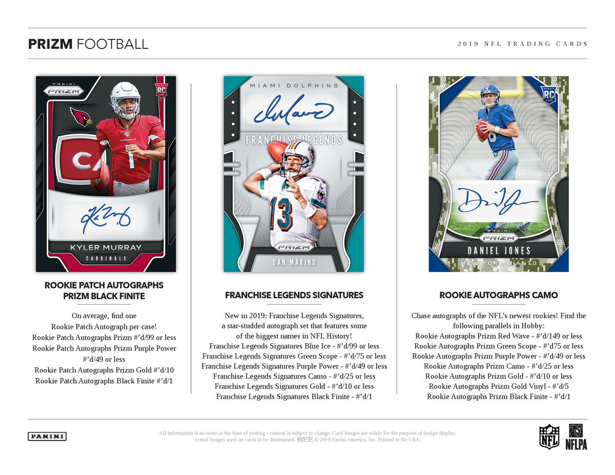 Picture of  legend cards in 2019 Panini Prizm 1st Off The Line (FOTL) Football Hobby Box